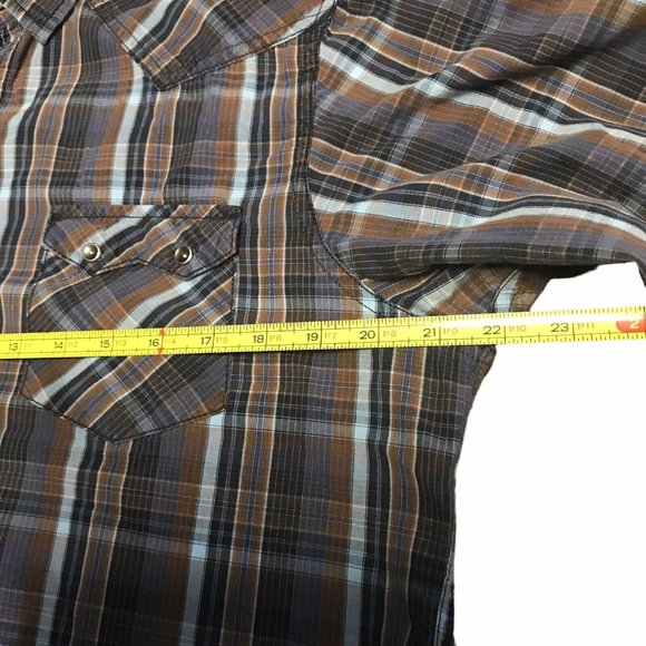 Ben Sherman Shirt Large Brown Blue Plaid Western Cowboy SmokiePearl Snaps Sz L - Picture 7 of 10